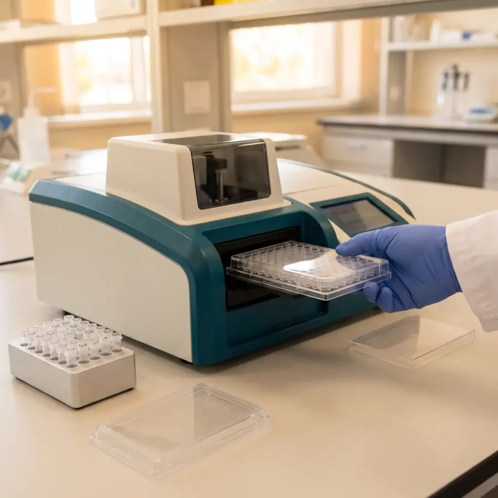 Editorial illustration of a gloved hand loading a clear covered multiwell plate into a benchtop reader.