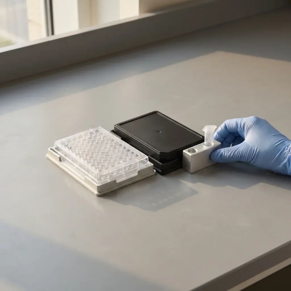 A blue-gloved hand steadies a tube block beside a clear multiwell plate and a covered black plate.