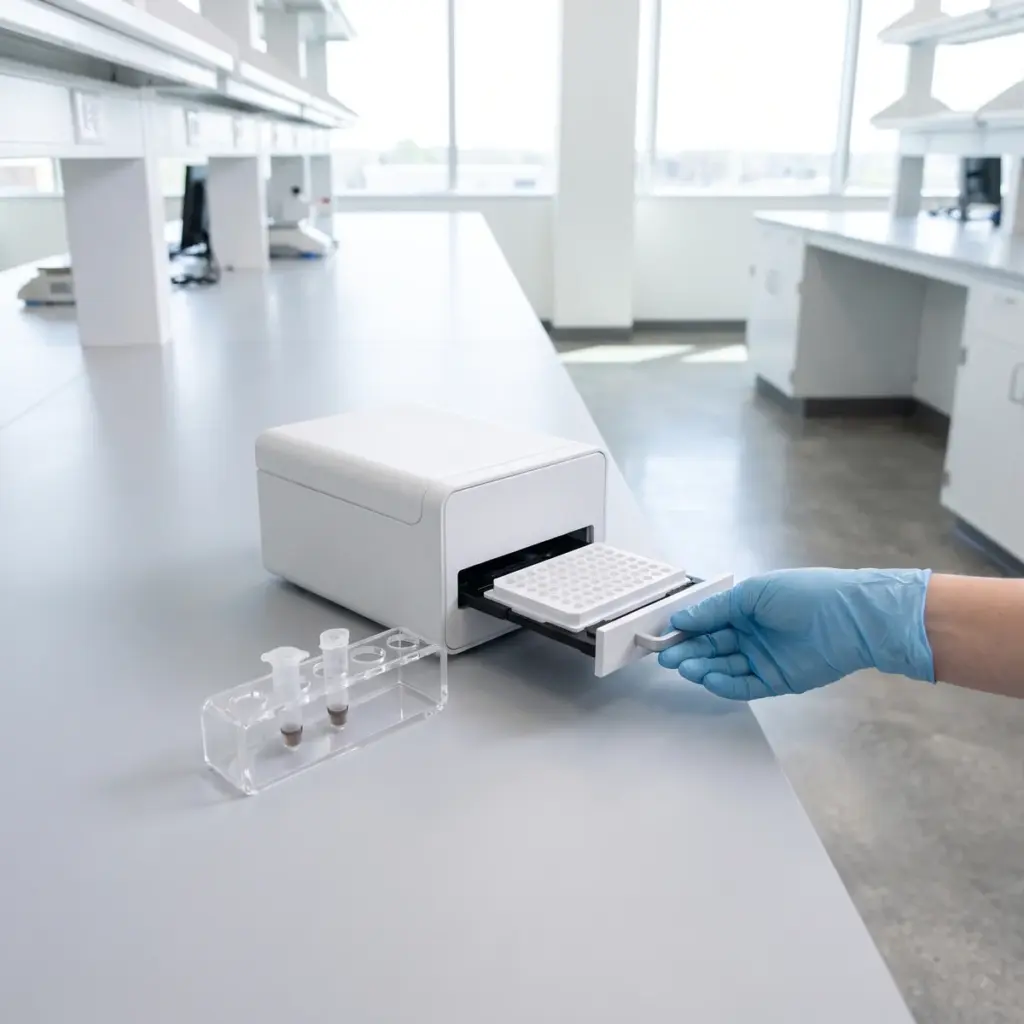 A blue-gloved hand holds an extended reader drawer containing a white microplate, beside two capped tubes.