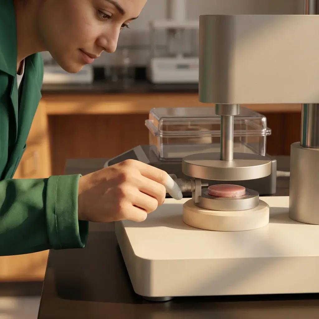 Editorial illustration of a tissue-model fixture beneath a raised circular testing platen.