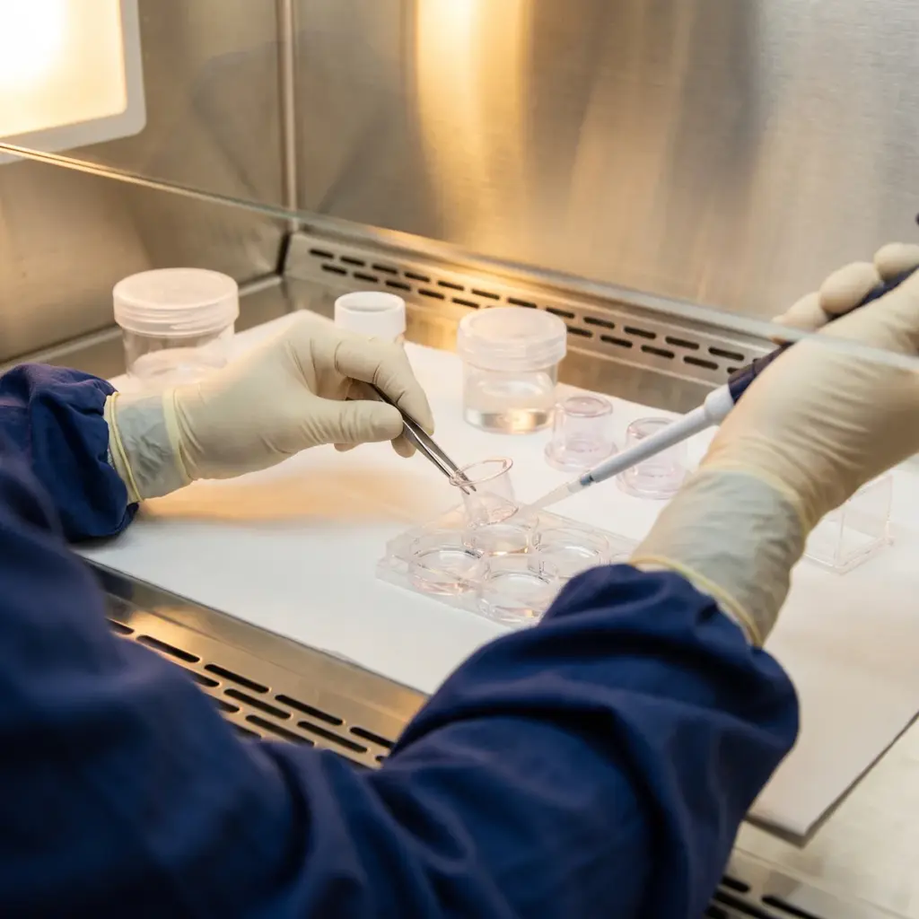 Gloved hands hold a clear insert with forceps above an open plate while positioning a pipette nearby.