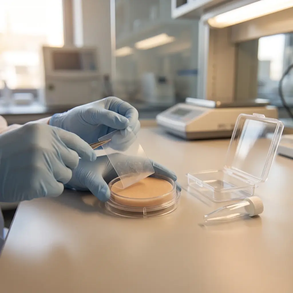 Gloved hands lift a translucent sampling strip above a supported tan preparation beside a carrier and capped tube.