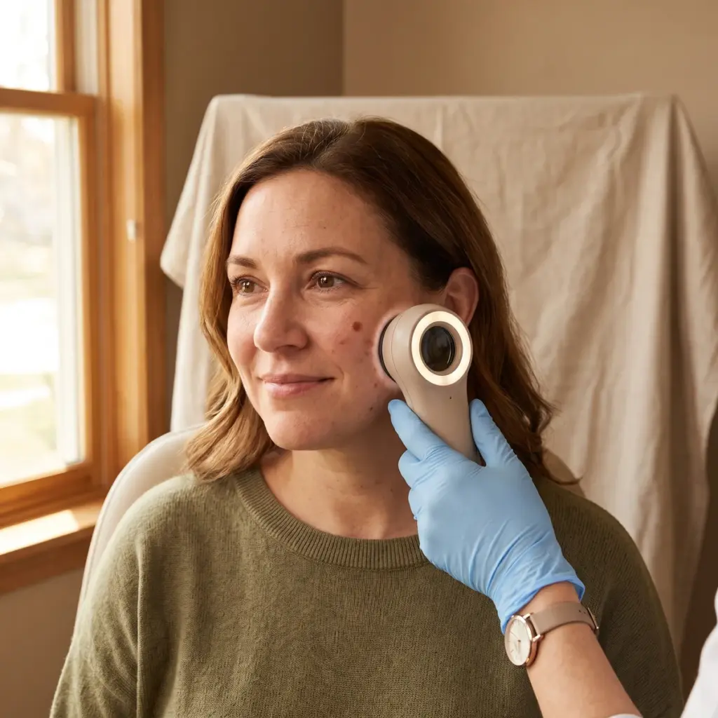 Editorial illustration of a gloved hand holding a skin-measurement probe against a woman’s cheek.