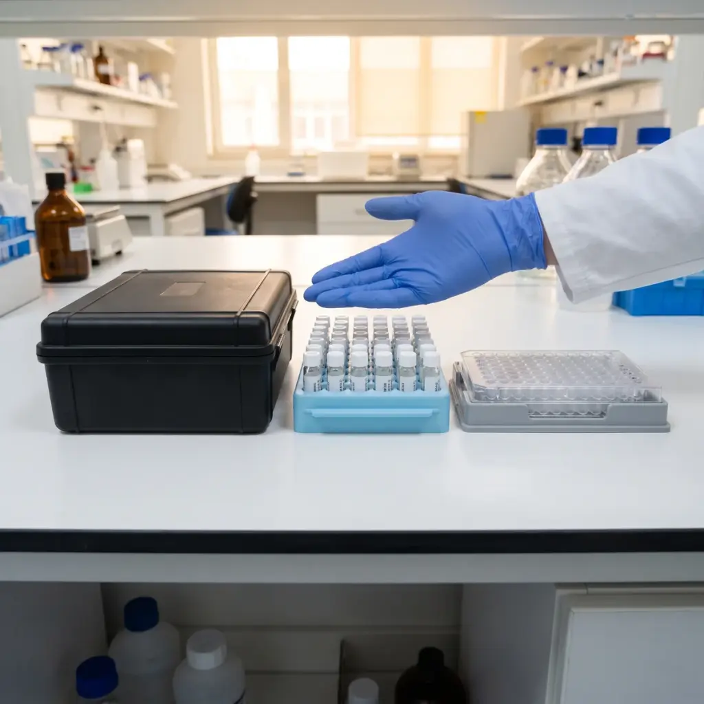 A gloved hand gestures between capped vials in a blue rack and a covered multiwell plate beside a closed case.