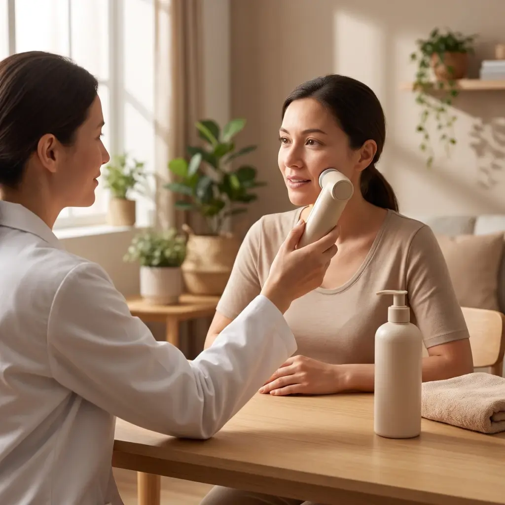 A practitioner holds a handheld device against a seated woman’s cheek during a calm consultation.