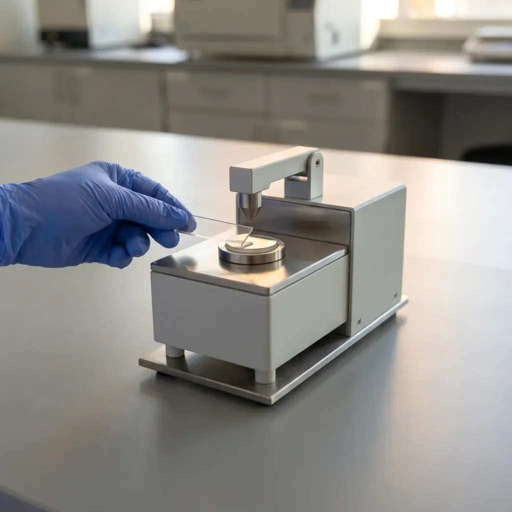 A gloved hand positions a transparent coupon above a circular platform beneath a raised pressure arm.