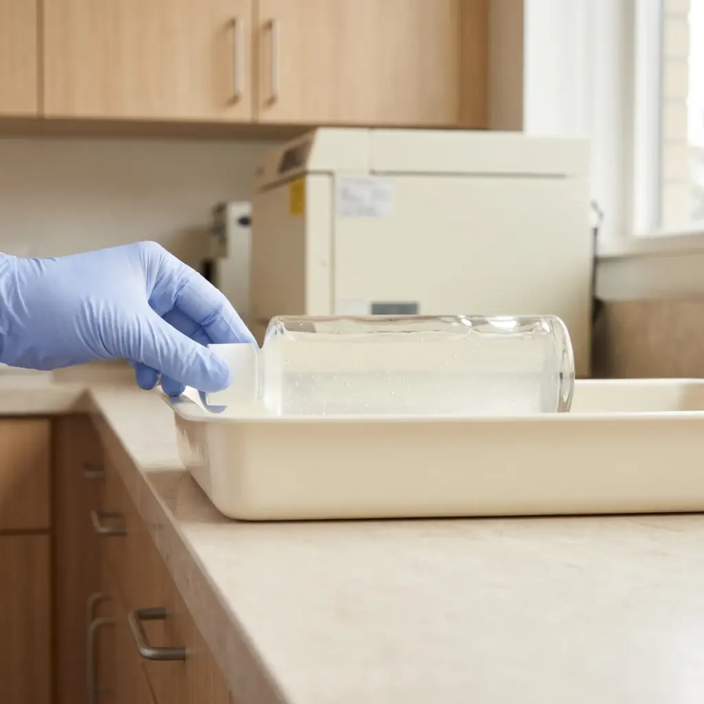 Gloved hand beside a capped clear prototype bottle resting in a tray.