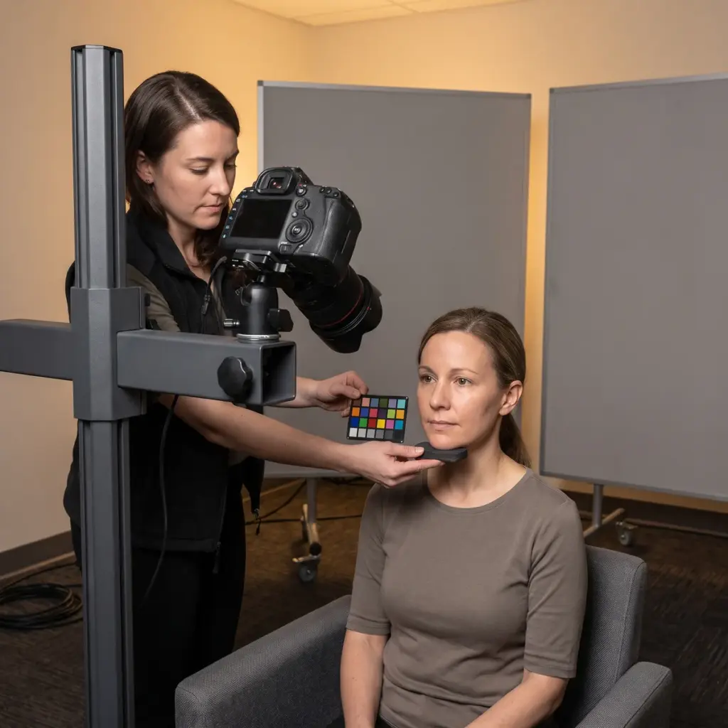 Editorial illustration of a portrait camera facing a seated adult beside a color target and chin support.