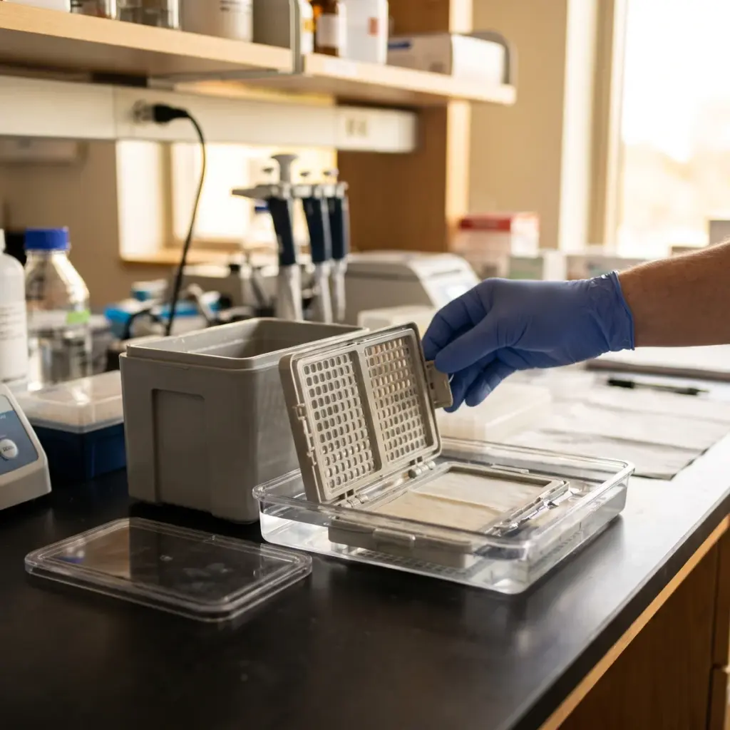 A blue-gloved hand holds the raised lattice frame of a hinged cassette resting in a clear laboratory tray.