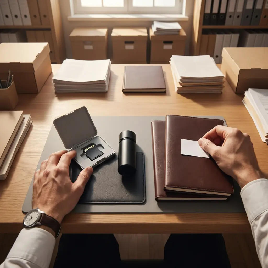 Hands steady an open memory-card case and position a blank tab on stacked folios beside a capped cylindrical sample.
