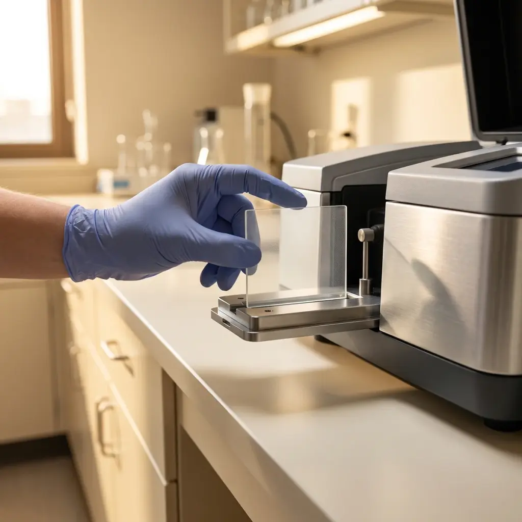 Editorial illustration of a gloved hand placing a transparent test plate into a laboratory carrier.