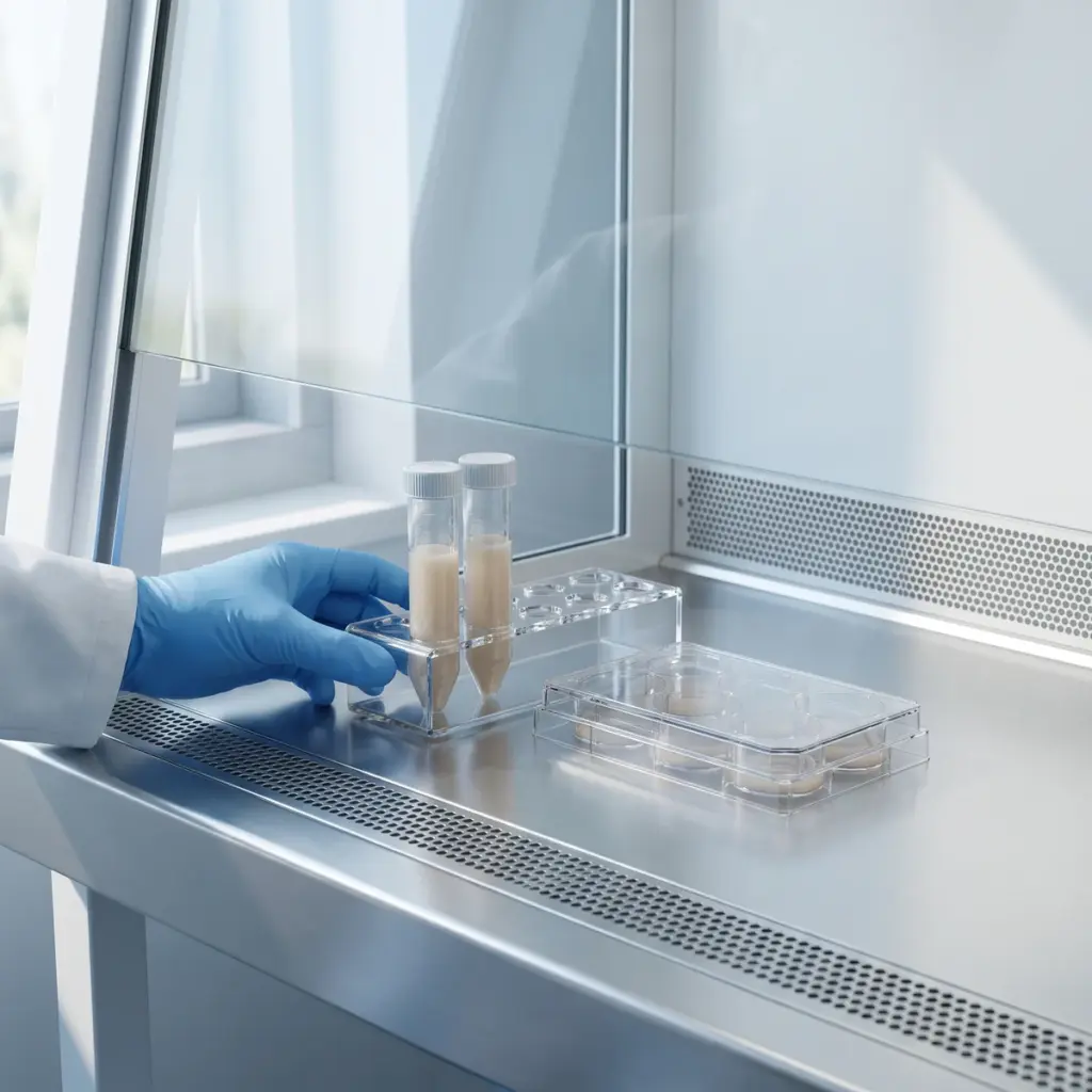A gloved hand holds a rack with two capped tubes beside a covered multiwell plate inside a laboratory cabinet.