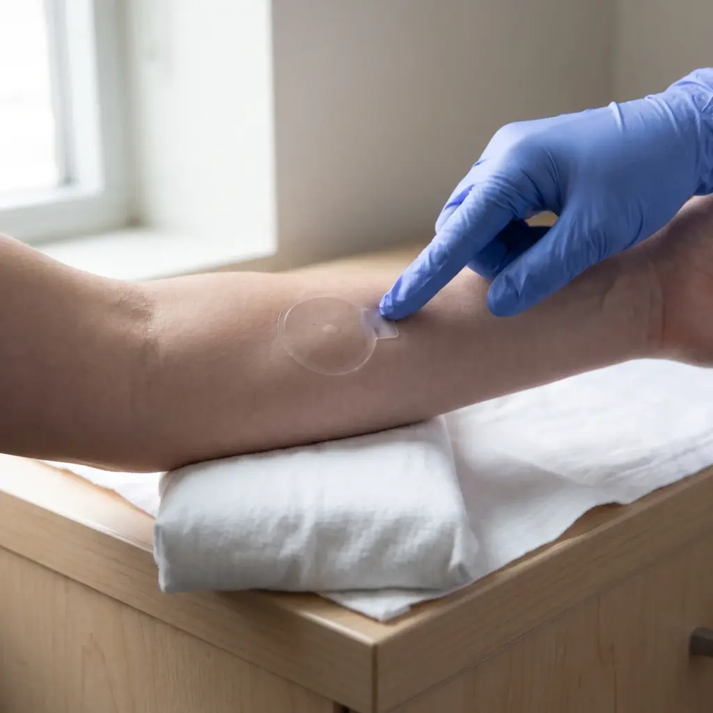 Editorial illustration of a gloved fingertip pressing an adhesive sampling disk near its tab on a supported forearm.