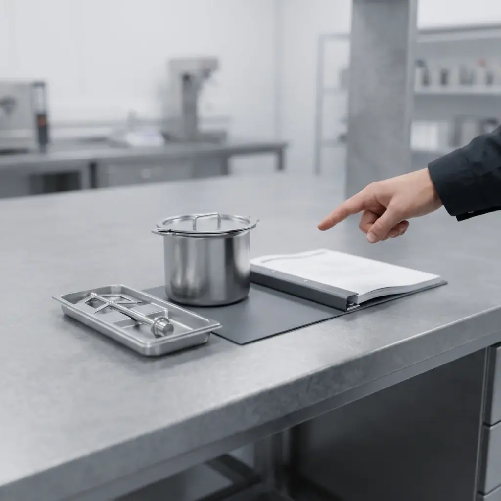A hand points to an open binder beside a closed metal pot and a tray of mixing-paddle parts.