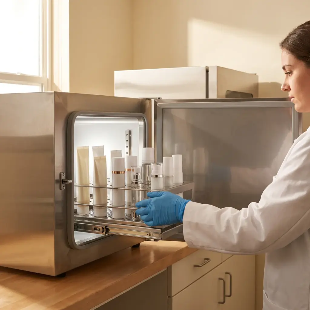 A gloved technician moves a rack of closed cosmetic packs into an environmental cabinet.