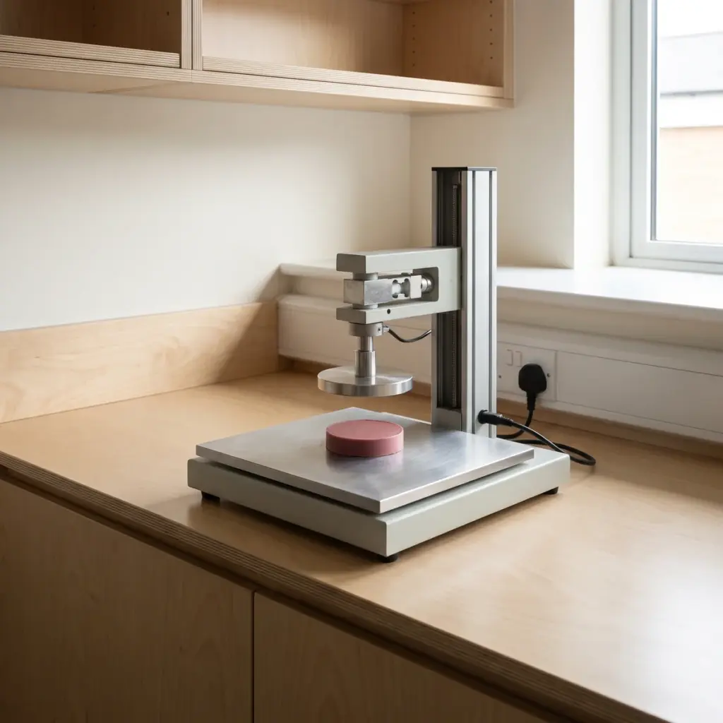 Editorial illustration of a circular compression platen positioned above an intact pink puck on a supported specimen plate.