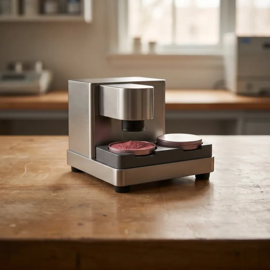 A compact optical instrument stands above a reddish powder pan beside a closed reference pan on a metal base.