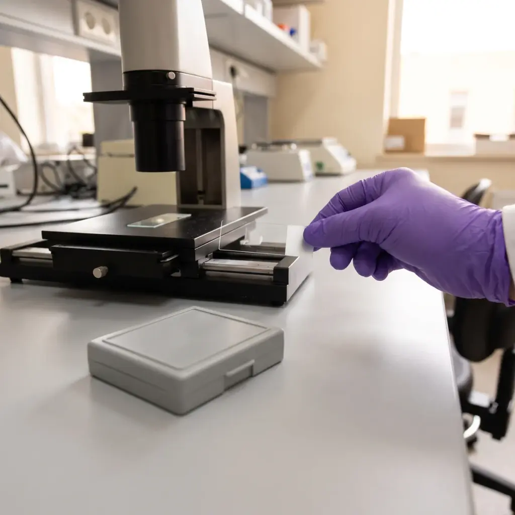 A purple-gloved hand holds a glass slide by its frosted end beside a microscope stage and closed slide box.