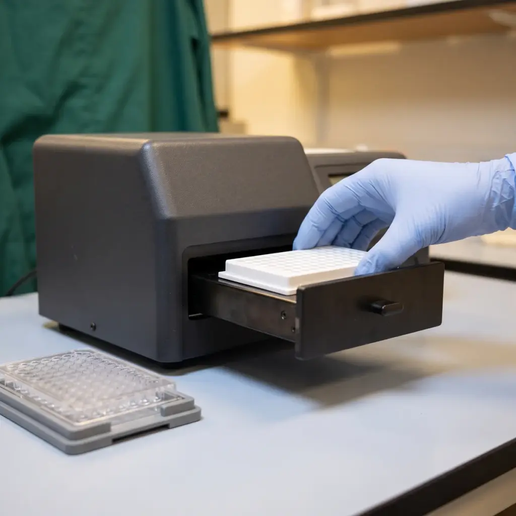 Editorial illustration of a gloved hand loading a white multiwell plate into a benchtop instrument drawer.