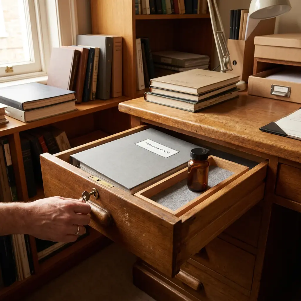 A hand holds an open lockable wooden drawer containing a gray folio and capped amber bottle.