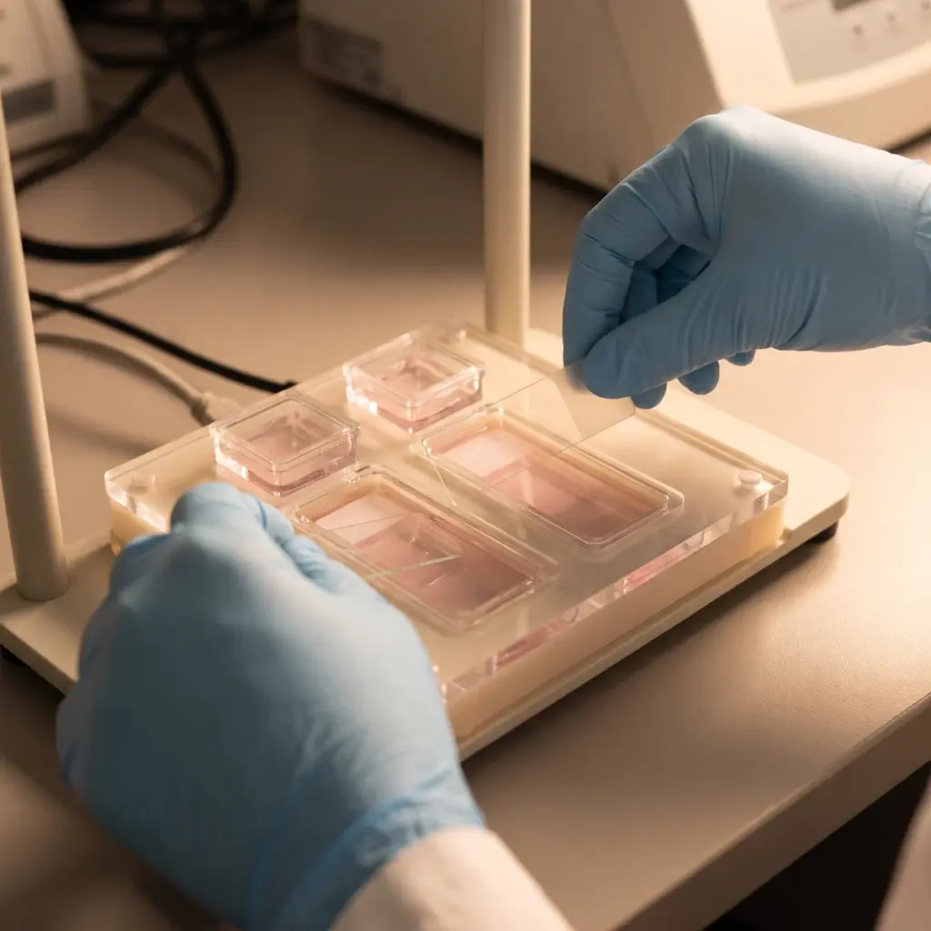 Blue-gloved hands position thin glass slides above clear staining chambers containing pale pink liquid.
