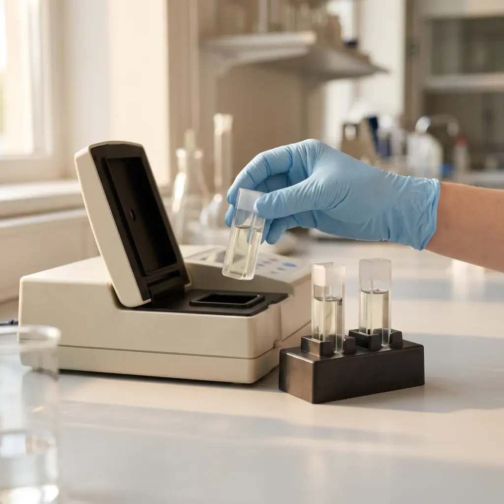 A gloved hand holds a clear cuvette above an open instrument sample bay beside two cuvettes in a holder.