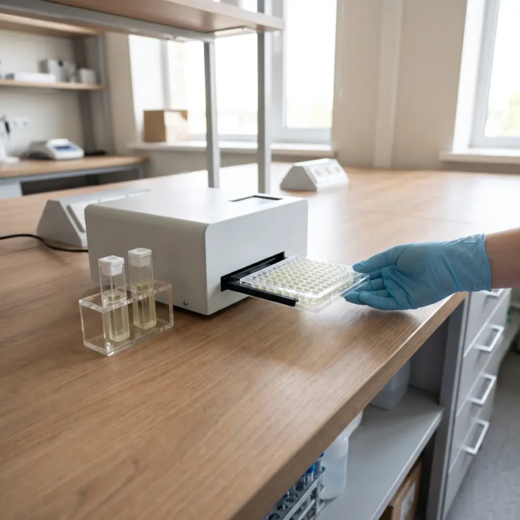 A gloved hand positions a clear microplate on an extended reader tray beside two capped cuvettes in a holder.