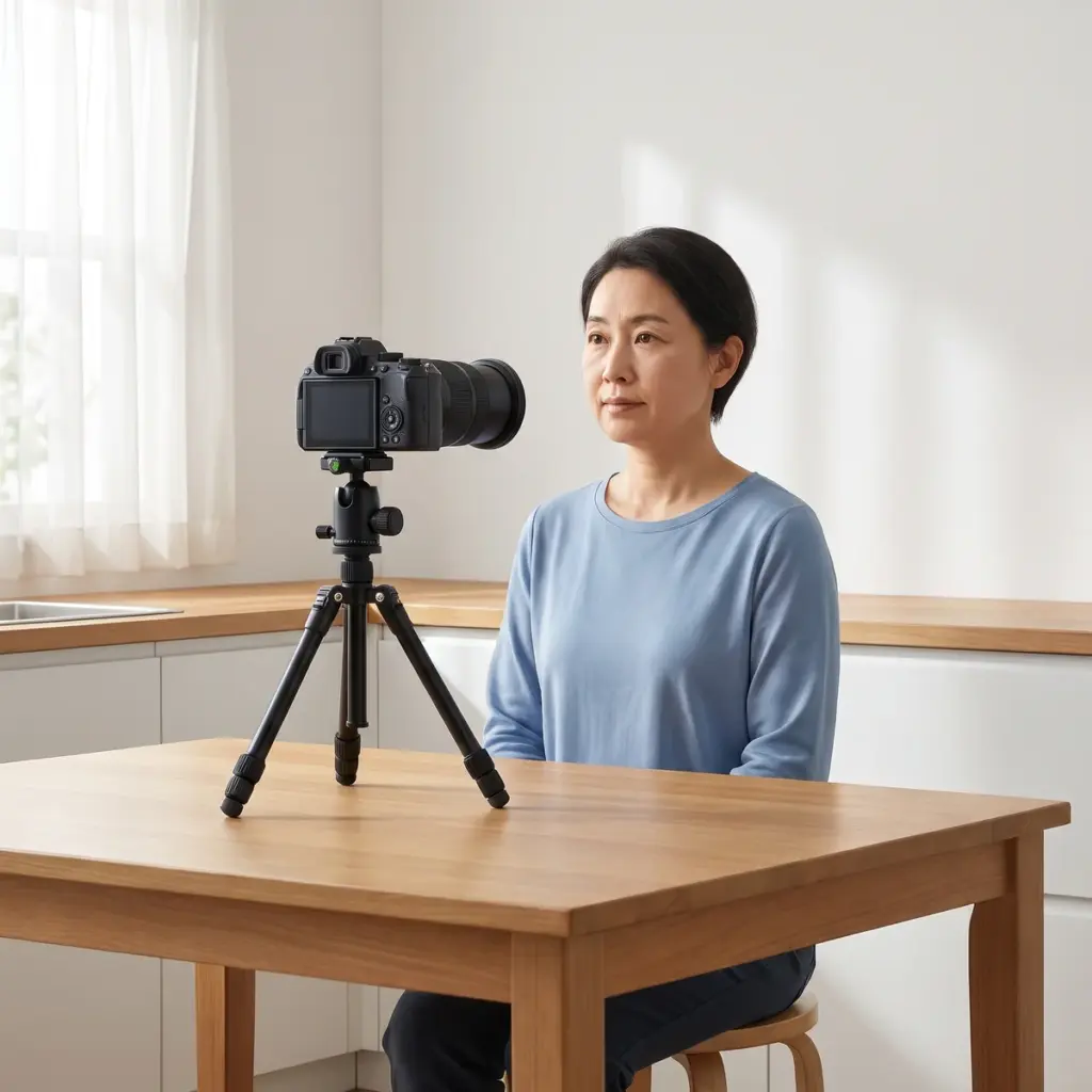 An adult sits facing a tripod-mounted camera in a softly lit assessment room.