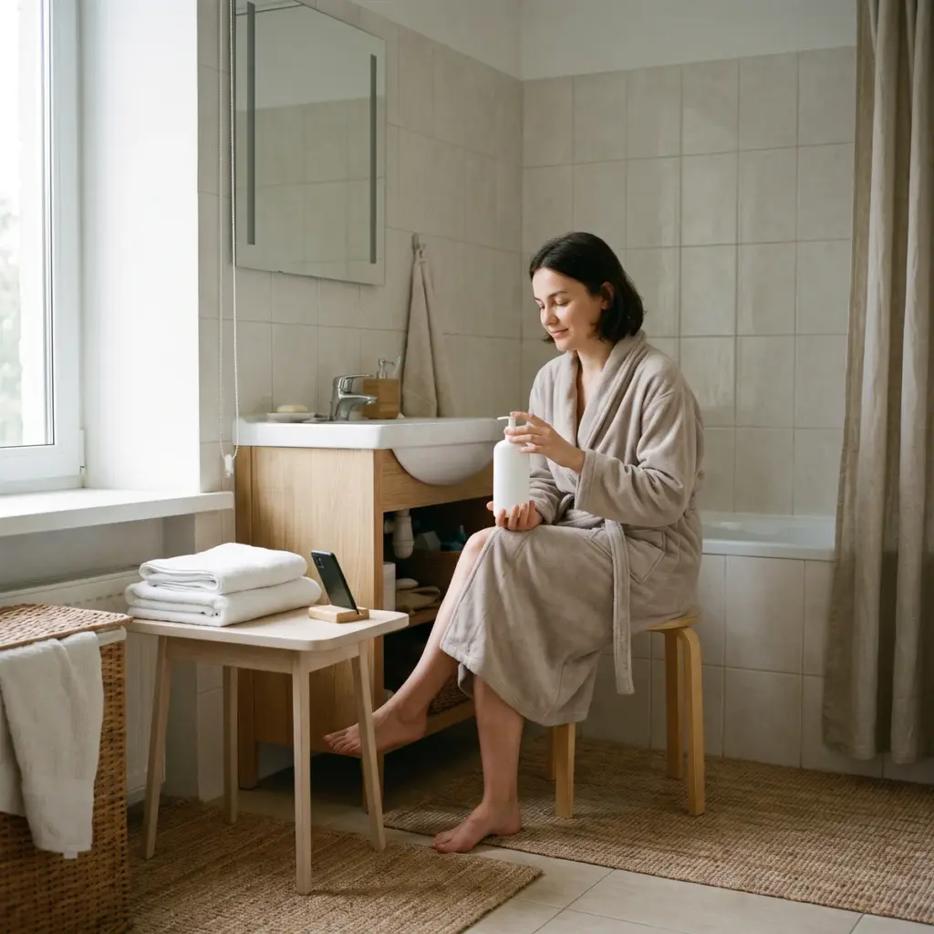 An adult in a bathrobe holds a white pump bottle beside a phone in a wooden stand.