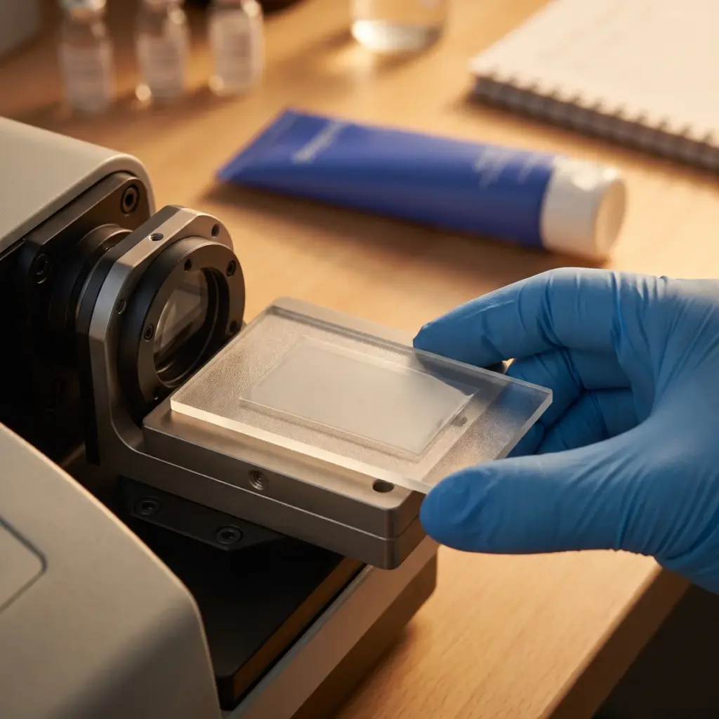 A blue-gloved hand seats a pale-coated transparent plate on a metal instrument holder.