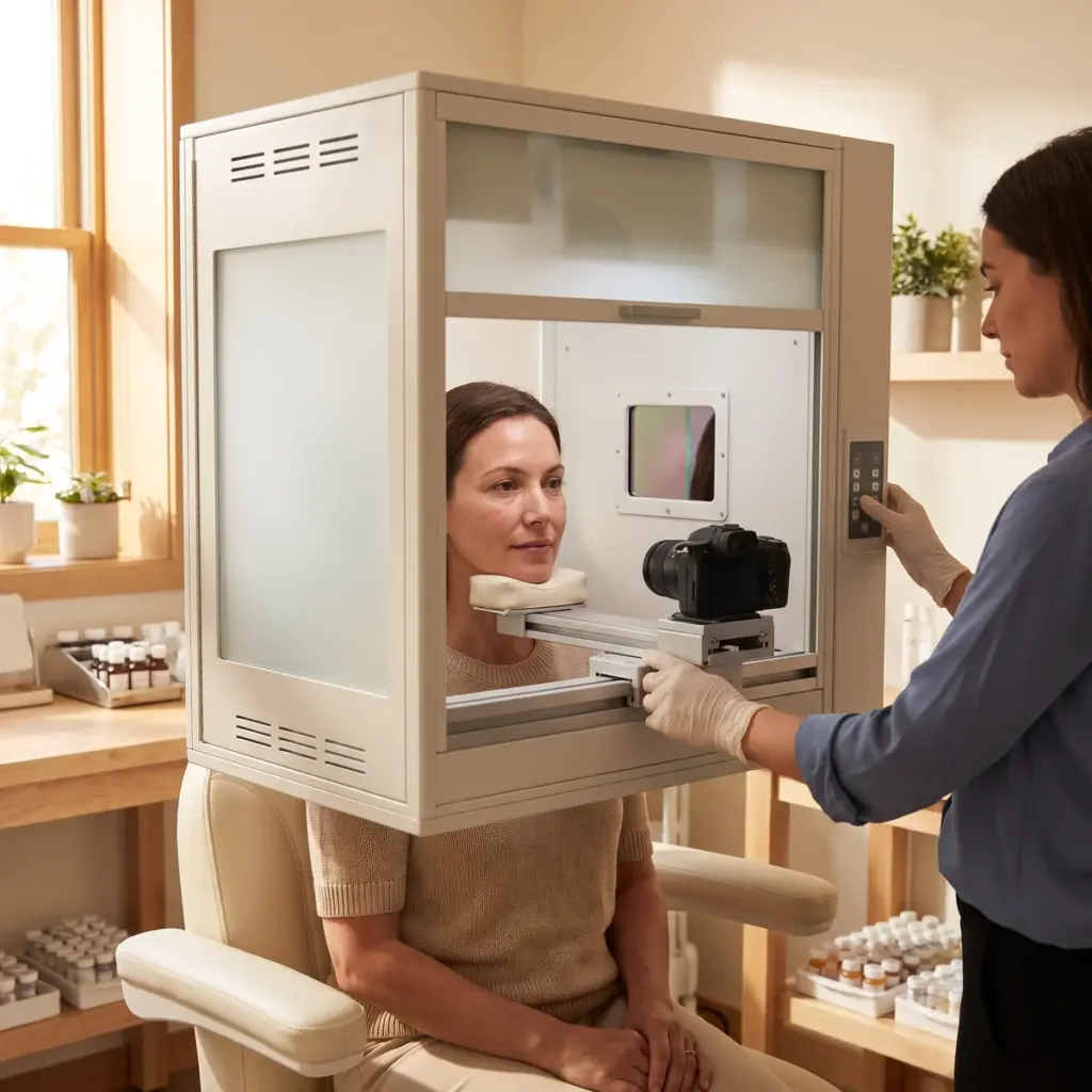Editorial illustration of a woman positioned in a facial-imaging unit while an operator adjusts the camera.