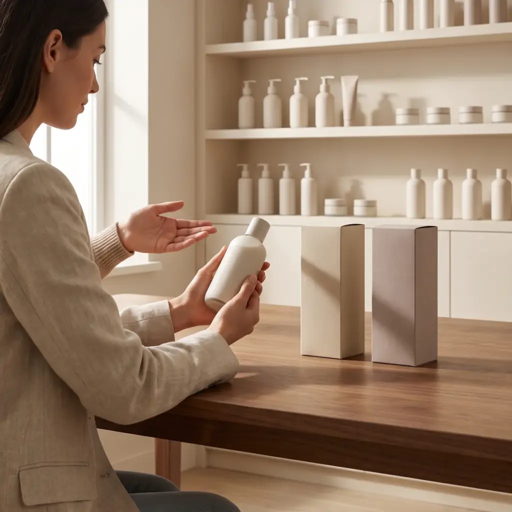 Hands examine a plain cosmetic bottle beside two cartons and shelves of finished products.