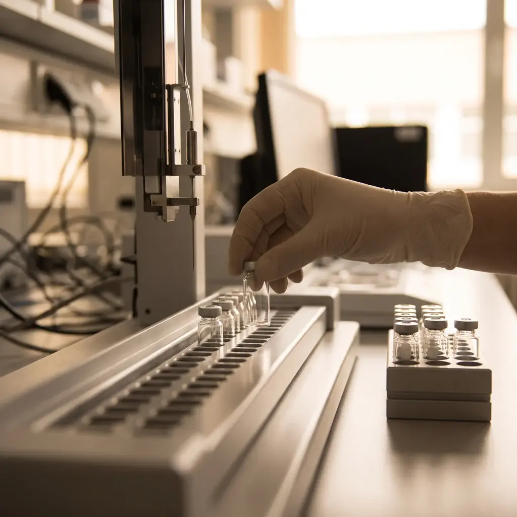 Editorial illustration of a gloved hand positioning a capped vial above an autosampler tray.